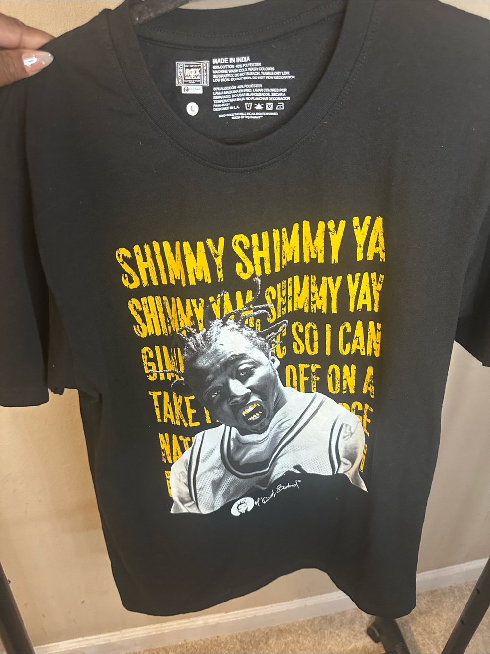 Black Graphic Tee with Yellow Text and Illustration